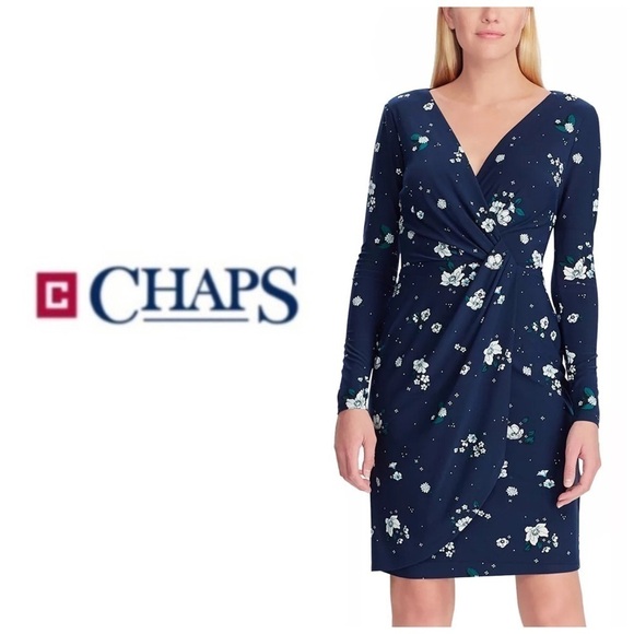 Chaps Womens Navy Blue Floral Long Sleeve Jersey Faux Wrap Sheath Dress Sz S New - Picture 7 of 8